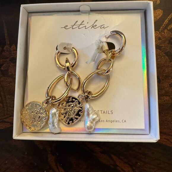 Ettika Gold Coin and Pearl Drop Earrings - Picture 3 of 6